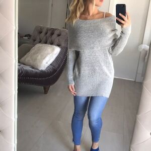 Olivaceous Grey Off Shoulder Soft Cozy Sweater